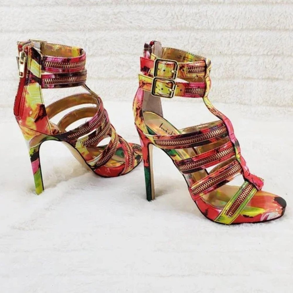 Luichiny Red Multi Tone It High Heel Cage Strap Mini Platform Spring Sandals - Picture 4 of 8